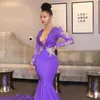 Africa Black Girl Purple Prom Dresses 2021 Sexy Deep V Neck Beaded Lace Appliques Evening Gown Long Sleeves Formal Party Dress AL7993