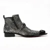 New Winter Snake Skin Men Shoes Genuine Leather Boots Fashion Metal Toe Boots Plus Size Ankle Crystal Chain Boots