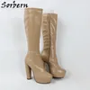 Sorbern Khaki Blokhak Vrouwen Laarzen Blok Hoge Hak Knie Hoge Onzichtbare Platform Dames Chunky Heel Laarzen Custom Unisex Styles