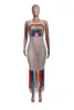 Fashion Sexy Mesh SeeThrough Rainbow Print Outfit Casual Dress Women Summer Clothes