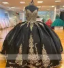 Quinceanera Black Beaded Dresses With Cape Gold Lace Aptique Crystals Spaghetti Strap