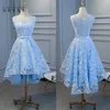 Lovely Sky Blue Lace Homecoming Dresses High Low Sheer Jewel Neck Sleeveless Lace Tulle Short Party Cocktail Gowns A Line Appliqued Bridesmaid Wears