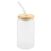 米国倉庫12オンス/16オンスの昇華コーラは、竹のふたをした透明な霜のガラス瓶をめぐる透明な霜のガラス瓶を幅広い口幅ビールカップフェスティバルパーティーワインタンブラーFY5118 GF1025