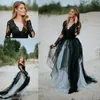 2021 Black And Ivory Gothic Dresses Long Sleeves Scalloped Deep V Neck Tiered Skirt Tulle Custom Made Wedding Gown Vestido De Novia 403 403