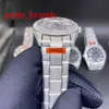 Boîtier brillant en acier inoxydable diamanté de 39 mm, automatique, tout blanc, mains lisses, diamants partout dans la boucle, résistant à l'eau, hi296f