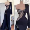 NEW Black Mermaid Evening Dresses Single One Shoulder Long Sleeves 2022 Illusion Beading Prom Gowns High Slit Crystal Formal Lady8726883