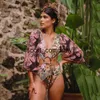 Um pedaço de banho sexy oco out swimwear mulheres swimsuit manga comprida banho terno beachwear imprimir monokini nadar