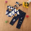 2021 Wiosna Jesień Moda Dzieci Baby Girl Ubrania Zestaw Słonecznik Z Długim Rękawem Off Shoulder Koszula Topy + Dżinsyjne spodnie + Strój pałąk 1-6y