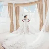 Abiti da sposa da principessa con coda da cattedrale, collo largo, perline di cristallo, pizzo floreale, maniche lunghe, abito da sposa arabo Dubai