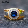 Mens Round Blue Stone Wedding Rings For Men Women Yellow Gold Color Promise Engagement Ring Male Boho Zircon Jewelry CZ282U