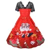 Lace Christmas Dress Women 2020 New Short Sleeve Print High Waist Elegant Vintage Winter Xmas Party robe Sundress Plus Size 3XL