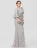 Elegant silver Silk Satin Lace Mors klänningar Plus Size Mother of the Bride Dresses Flare Sleeve Long Mermaid Wedding Guest229m