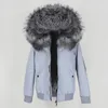 Oftbuy mulheres impermeável bombardeiro parka casaco de pele reais jaqueta de inverno mulheres natural guaxinim raposa raposa colarinho capuz espesso outerwear 201130