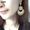 IYOE Jewelry dangle Boho Ethnic Drop Earring Hollow Silver Color Coin Round Dangle Metal Tassel Earrings Women Antique234m