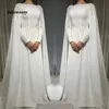 White Muslim Wedding Dress With Cape A Line Long Sleeves Bride Dress Lace Appliques Sweep Train Wedding Vestidos