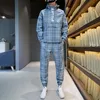 2021 Yeni Moda Ekose Eşofman Erkekler Kapşonlu Ter Suits 2 Parça Erkekler Yansıtıcı Jogger Setleri Streetwear Kazak Sweetsuit Setleri