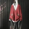 Ethnic style retro V-neck knitted cardigan women autumn new style art jacquard embroidery sweater women jacket 210204