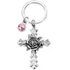 LLavero de cruz de rosa creativo con 12 piedras de nacimiento, joyería, regalos conmemorativos, bolsa, llaveros colgantes, llaveros cristianos religiosos