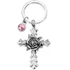 Creative Rose Cross Keychain with 12 Birthstones Jewelry Memorial Gifts Bag Pendant Key Chains Religious Christian Keyrings4906725