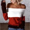 Women Splicing Knits T-shirts Sweater Fashion Trend Long Sleeve Slash Neck Strapless Knitting Tops Designer Famale Spring Sexy Loose Casual Tshirt