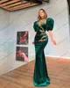 See Thru Neck Crystals Mermaid Prom Dress Puff Cap Sleeves Velour Evening Dresses Floor Length Robe De Soiree Formal Party Gowns