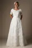 Vintage Lace Appliques Kortärmad Modest Bröllopsklänningar Ärmar Beaded Knappar Brudklänningar A-Line Rabatt Bröllopsklänningar Försäljning