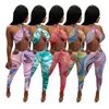 Sexy Two Piece Bra Pants Set Fashion Printed Womens Summer Tracksuits Halter Neck Hollow Out Crop Top Bodycon Leggings Outfits