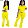 CM.YAYA Fashion Solid Women's Set Short Sleeve T-Shirt Wide Leg Flare Finny Pants Jogger Suit Two Piece Set Tracksuit Outfits T200826