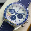 2022 OSF Moonwatch Silver Snoop Award Orologio da uomo Carica manuale Chronograp Quadrante bianco 50° anniversario (Animazione meccanica reale) Cinturino in nylon blu Orologi per l'eternità