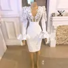 2022 Arabic Sexy Cocktail Dresses Sheath With Bow Satin Knee Length Long Sleeves Ruffles Plus Size Celebrity Prom Party Homecoming Gowns