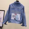 Streetwear Styl Damska Kurtka Dżinsowa Drukuj Z Długim Rękawem Jean Jacket Loose Bomber Płaszcz Ladys Wiosna Jesień Otwór Kobiet Znak Outwear 201017