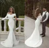 Simple Long Sleeves Evening Dresses Mermaid White Off The Shoulder V Neck Buttons Sweep Train Formal Prom Gowns
