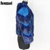 Nerazzurri Winter-Fuchs- und Rex-Kaninchen-Farbblock-Patchwork-Fake-Jacke, blau, kurz, warm, große Größe, Kunstpelzmantel für Damen 201211