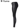 W-Yunna nova moda imitação denim magro leggings para mulheres pretas motocicleta streetwear calças dobra os zíperes pu calças de couro lj200820