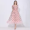 Sequins Strawberry Dress Women Elegant Long Dress V Neck Puff Sleeve Mesh Sexy Party Dresses Vintage Floral Dress Women Robe H1210