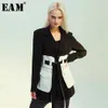 [EAM] Loose Fit Noir Poche Split Contraste Couleur Veste Nouveau Revers À Manches Longues Femmes Manteau De Mode Marée Printemps Automne LJ200813