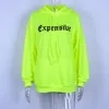 Automne Chaud Casual Femmes Hoodies Neon Vert Lâche À Capuche Hoodies Lettre Imprimer Poches Longs Pulls Lady Streetwear GV645 201030