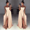 2021 Champagne Lace Chiffon Uma linha Dama de honra Vestidos Long Alta Split Split Spaghetti Correias Backless Wedding Guest Doméstica de Honra Vestidos AL7801