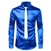 2 sztuk Silver Jedwabna koszula + krawat Męskie Satin Gładkie Tuxedo Koszulki Przypadkowi Przycisk Down Mężczyźni Sukienka Koszule Wedding Party Prom Chemise Homme 201120