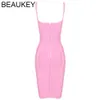 BEAUKEY Moda Donna Spaghetti Strap Belt Sashes V Neck Club Dress Party Green Bandage Dress Pink XL Size Sexy Bodycon Vestido T200911