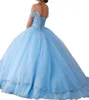 2022 Azzurro cielo Sweetheart Abiti Quinceanera Abito da ballo Cristalli Tulle Perline Spacco anteriore Vestido 15 Cinghie per spaghetti Dolce 16 Anni Brithday Party Wear