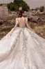 Crystal Ball Gown Dresses Beading V Neck Long Sleeve Brudklänningar Spetsar Appliced ​​Pärlor Tiered Wedding Robes