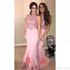 Stunning Pink Mermaid Bridesmaid Dresses Arabic African High Neck Lace Appliqued Sequins Top Trumpet Maid of Honor Gowns Wedding P196H