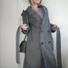 Reino Unido Primavera Novo Design Mulheres Simples Lã Maxi Long Coat Robe Slim Fit Overcoat Casaco Casual com Cinto Cinza 201218