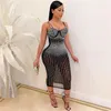 Kobiety Rhinestone Suknie Sexy Clubwear Spaghetti Pasek Bodycon Sukienka Sheer Bez Rękawów Mini Spódnice Spadek Odzież Zimowa Plus Rozmiar 4270