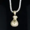 Plein Micro pavé zircone cubique CZ glacé Dollar sac d'argent pendentif Hip Hop femmes collier avec chaîne de boîte de Tennis