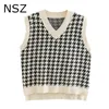 NSZ 여성 Preppy 스타일 대형 민소매 houndstooth 스웨터 조끼 비대칭 니트 재킷 코트 격자 무늬 탱크 탑 와이토 코트 201214