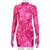 Hugcitar 2020 long sleeve floral print sexy bodycon mini dress with gloves summer women fashion streetwear outfits sundress LJ200818