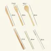7Pcs/Set Wooden Dinnerware Set Bamboo Teaspoon Fork Soup Knife Catering Cutlery Set with Cloth Bag Kitchen Cooking Tools Utensil