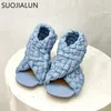 SUOJIALUN Summer Brand Design Weave Sexy Thin High Heel Dress Slip On Peep Toe Pump Outdoor Sandal Shoes Q1217